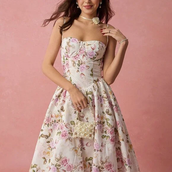 White Boho Women's Romantic Vacation Floral Print Spaghetti Strap A-Line Long Dr - Picture 1 of 7